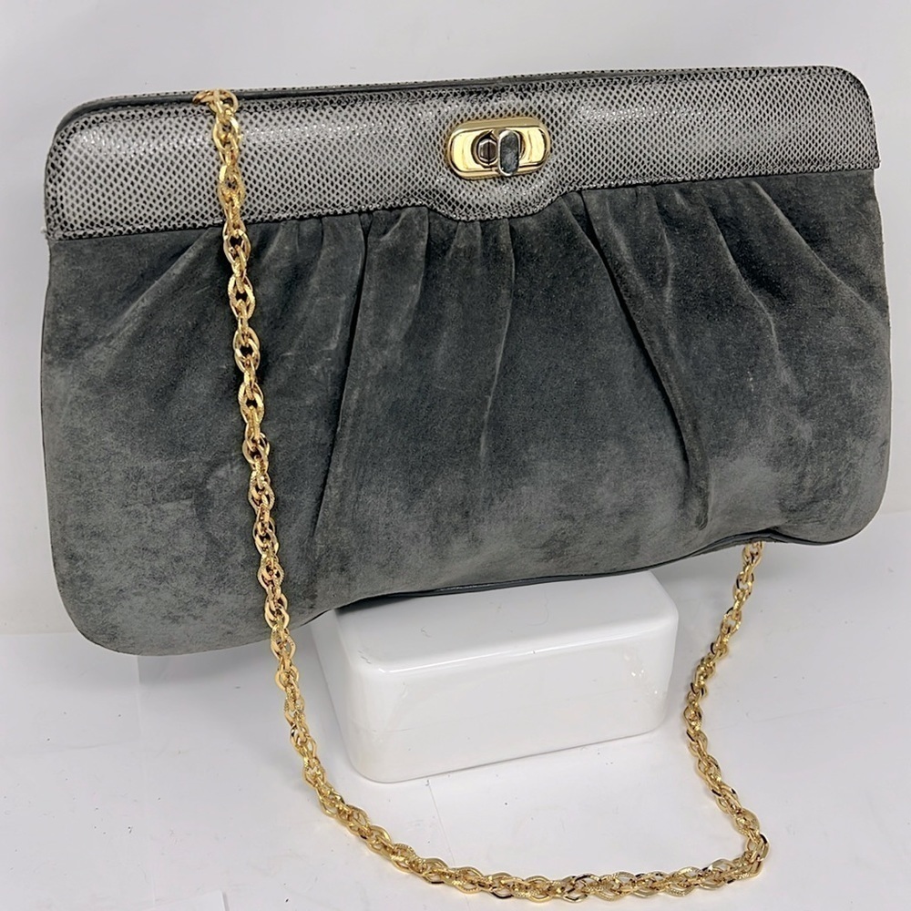 Gray Grey Suede Python Snakeskin Shoulder Clutch … - image 1